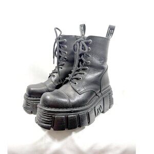 New Rock M-NEWMILI083-S39 Unisex Platform Boots Black Leather Gothic Punk